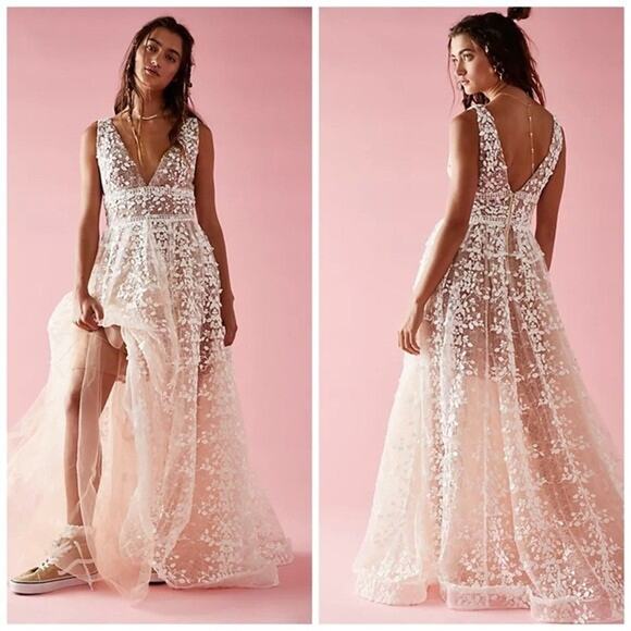 Bronx & Banco Megan Lace Maxi Dress Small White Floral Sheer Boho Bridal Gown - Picture 3 of 16